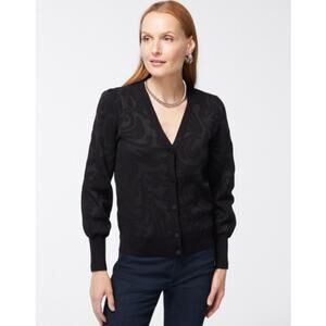 Chico's Black Jaquared Damask SemiCrop Cardigan Sweater Size 2 Large Neutral Lux